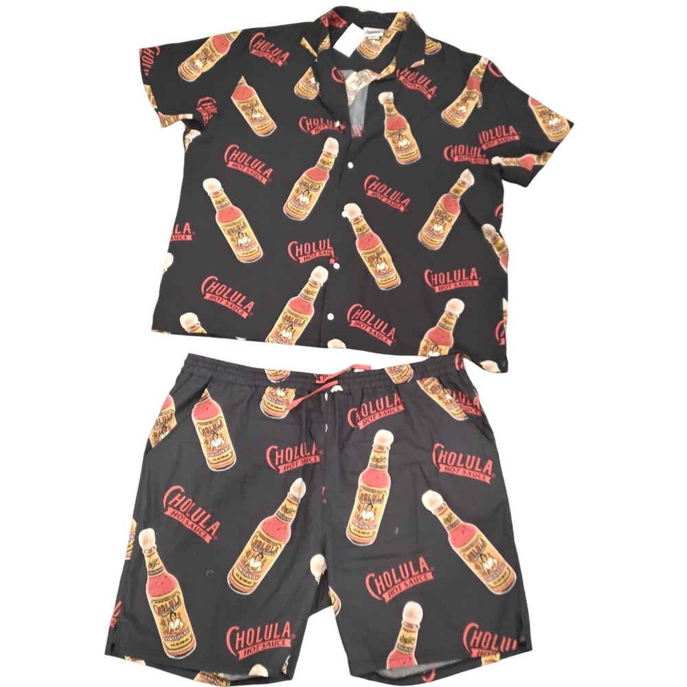 Cholula Hot Sauce Shirt & Shorts‎ Set Mens 2XL Black Novelty Pajamas Sleepwear